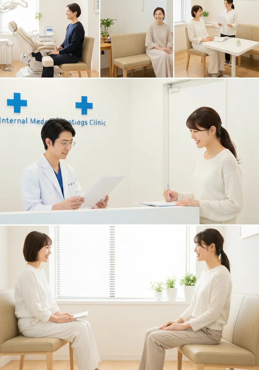白衣の医師が診療記録を確認しながら説明している様子
